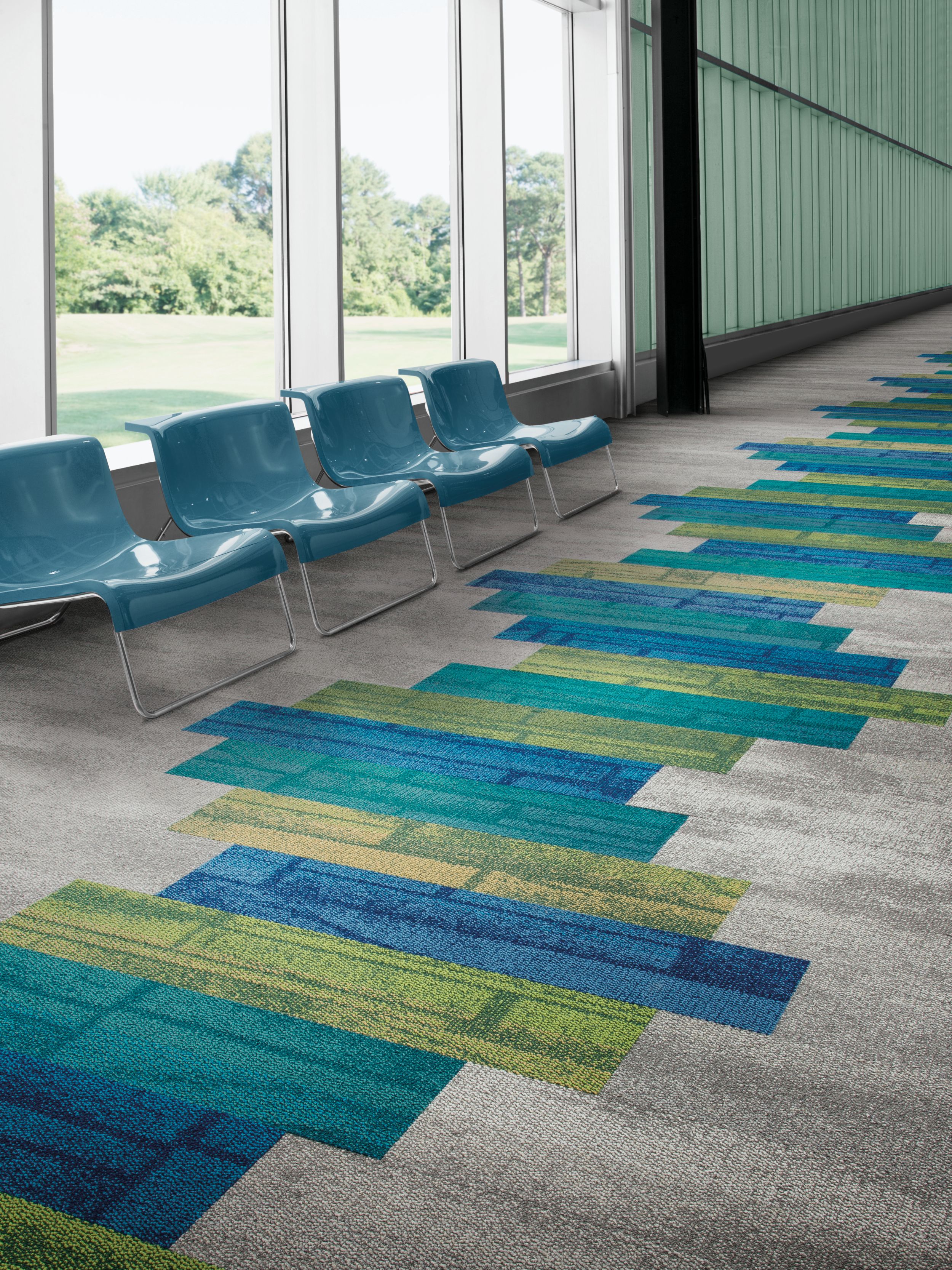 Interface Neighborhood Blocks and Neighborhood Smooth plank carpet tile in public corridor lobby with blue chairs image number 5